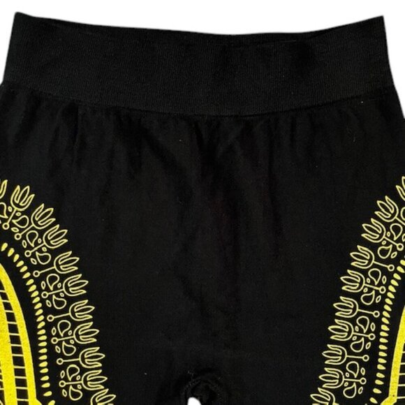 Black Leggings with Yellow African Aztec TATTOO Print Athletic Stretch One Size - Picture 2 of 7